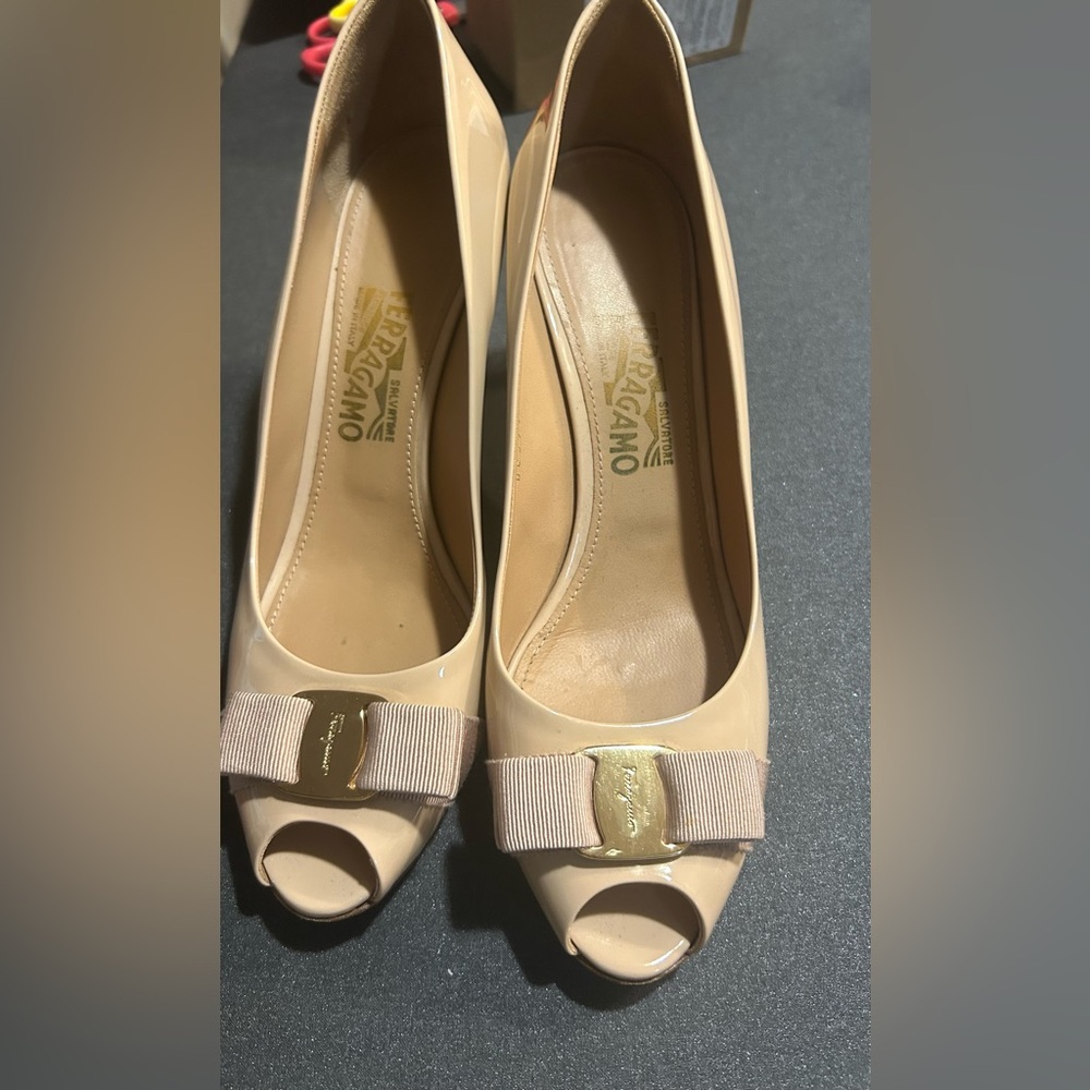 Salvatore Ferragamo Pola Patent Leather Peep Toe Heels